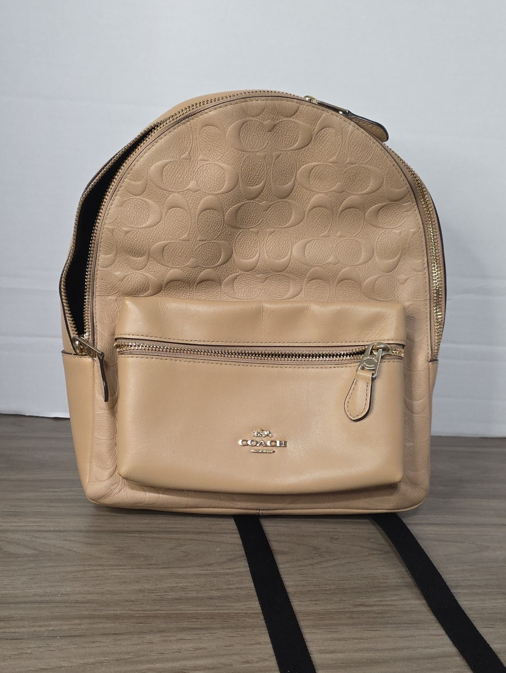 Coach Tan Embossed Signature Backpack with Front Zip Pocket